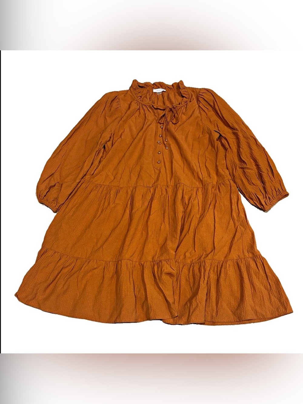Calvin Klein Brown A-Line Dress Size 14 Puff Long Sleeve Button Ruffle
